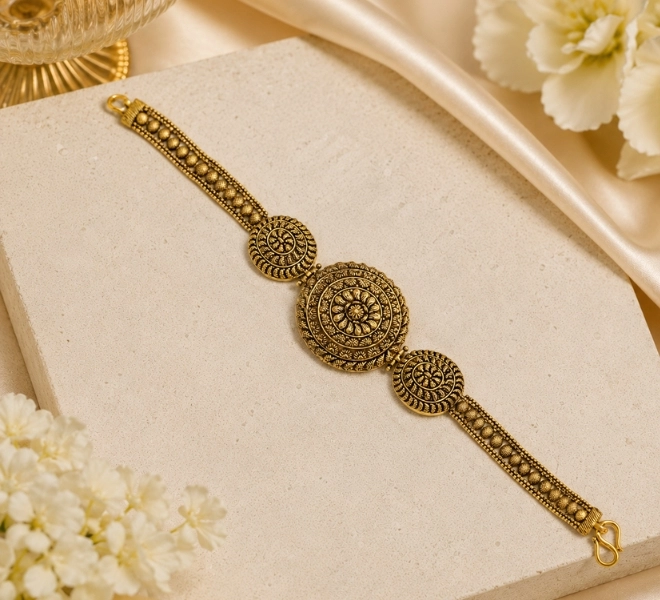 Antique Gold Floral Bracelet with Round  Design