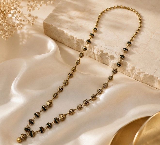 Traditional Gold-Tone Black Beads  Mala