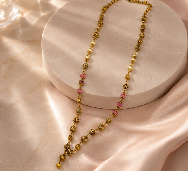 Antique Gold Pink Beads Traditional Mala