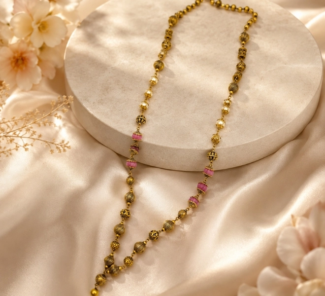 Antique Gold Pink Beads Traditional Mala