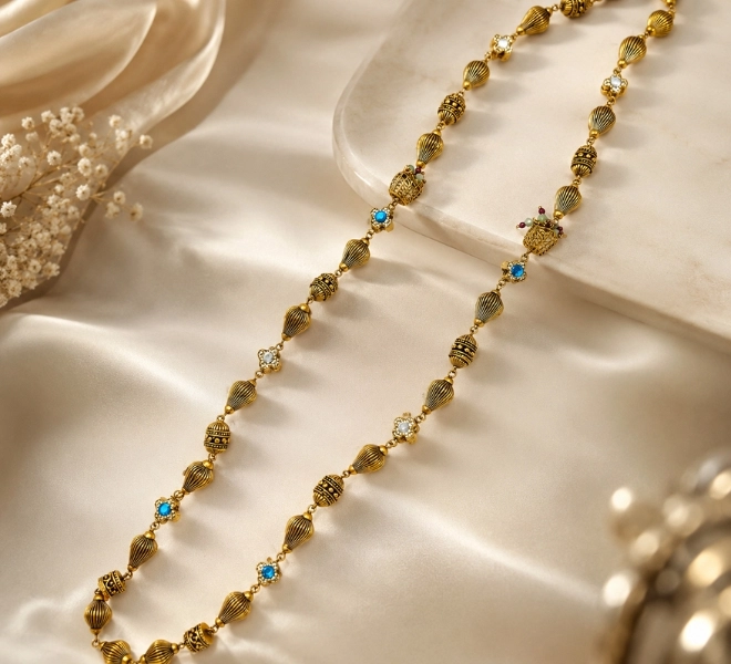 Antique Gold Blue Stone Beaded Traditional Mala