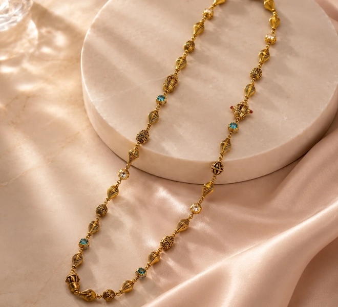 Antique Gold Blue Stone Beaded Traditional Mala