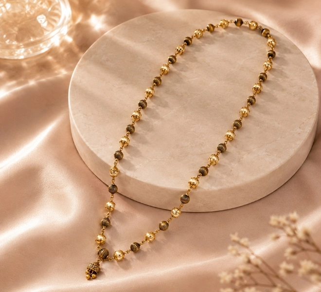 Antique Gold Pearl Beaded Traditional Mala with Jhumki Pendant