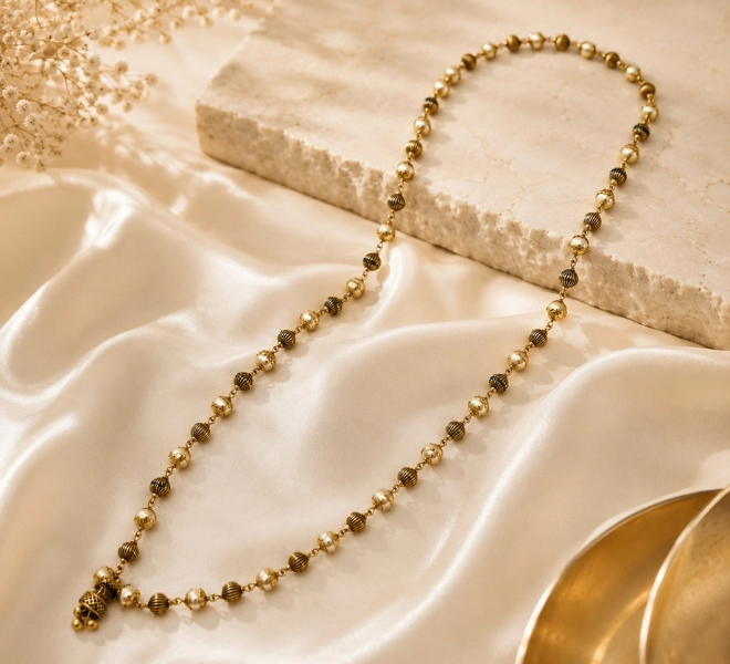 Antique Gold Pearl Beaded Traditional Mala with Jhumki Pendant