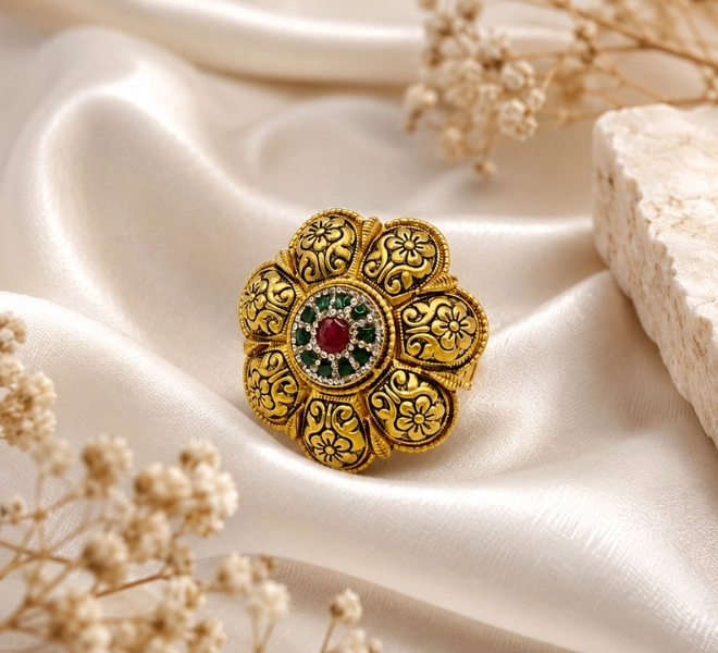 Floral Statement Ring with Ruby & Green Stone Center