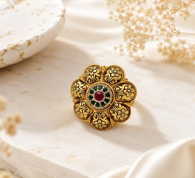Floral Statement Ring with Ruby & Green Stone Center