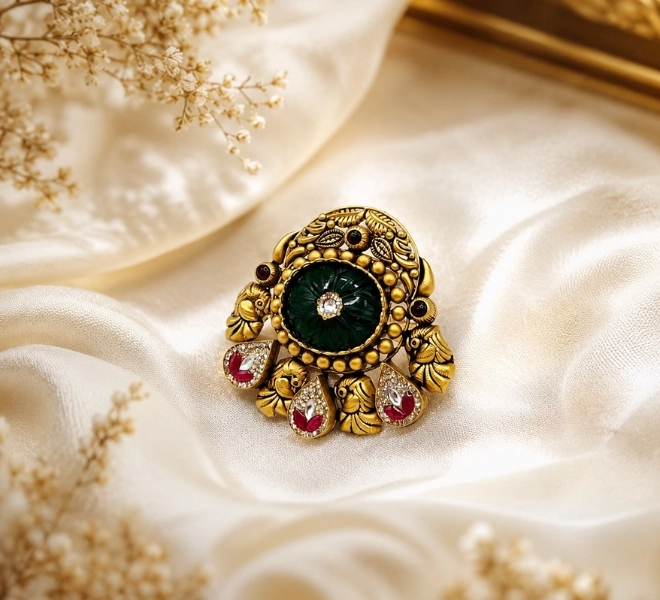 Gold Green Stone Chandbali Statement Ring
