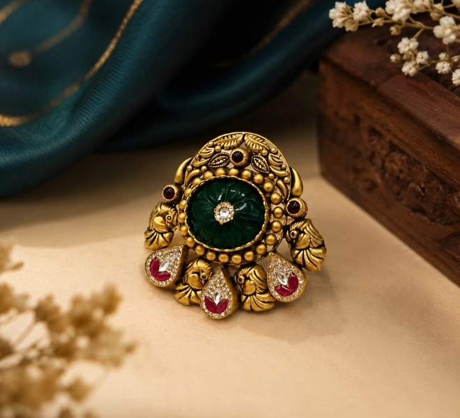 Gold Green Stone Chandbali Statement Ring
