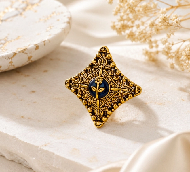 Diamond-Shaped Statement Ring with Blue Stone Center