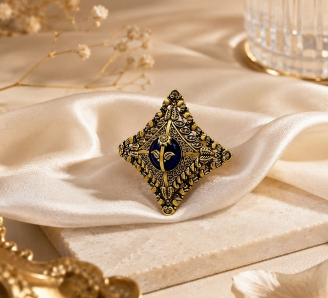 Diamond-Shaped Statement Ring with Blue Stone Center