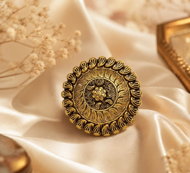 Gold Round Floral Statement Ring