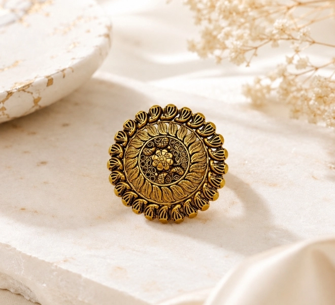 Gold Round Floral Statement Ring