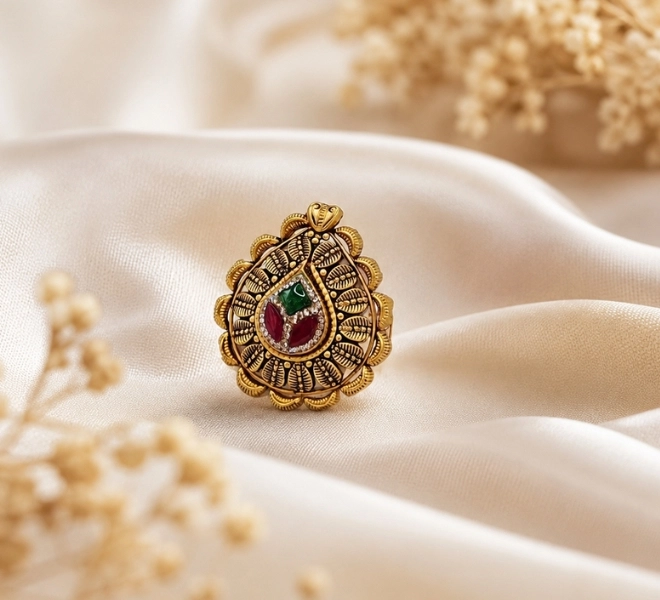 Gold Teardrop Statement Ring with Ruby & Green Stones