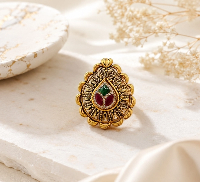 Gold Teardrop Statement Ring with Ruby & Green Stones