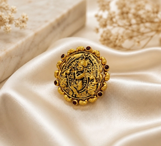 Gold Radha Krishna Temple Statement Ring