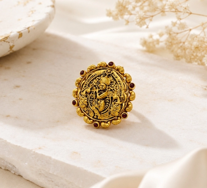 Gold Radha Krishna Temple Statement Ring