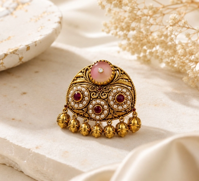 Gold Pearl & Ruby Chandbali Statement Ring