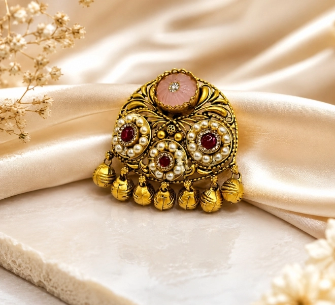 Gold Pearl & Ruby Chandbali Statement Ring