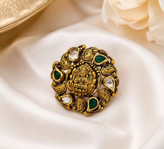 Lakshmi Temple Statement Ring with Green & Kundan Stones