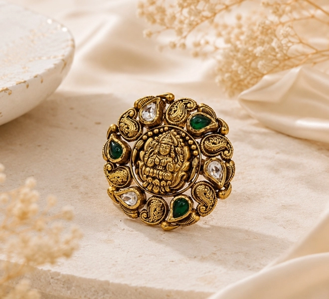 Lakshmi Temple Statement Ring with Green & Kundan Stones