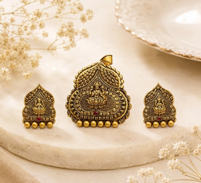 Gold Goddess Motif Temple Pendant Set with Matching Earrings