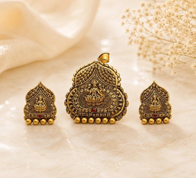 Gold Goddess Motif Temple Pendant Set with Matching Earrings