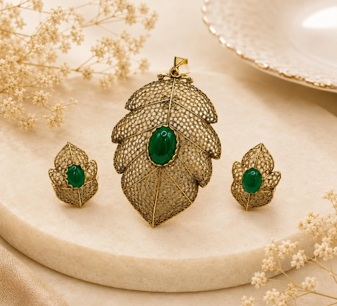 Emerald Green Leaf-Inspired Pendant Set with Matching Earrings