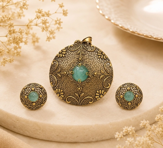 Gold Round Filigree Pendant Set with Mint Green Stones