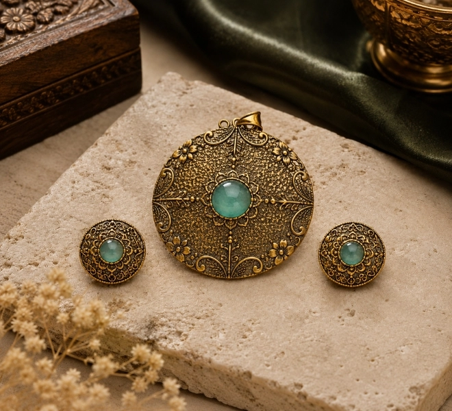 Gold Round Filigree Pendant Set with Mint Green Stones