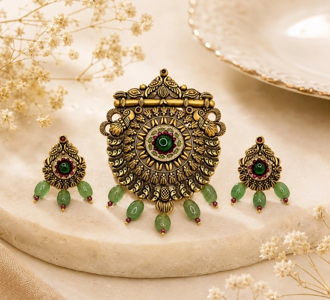 Gold Temple-Inspired Pendant Set with Green Bead Drops