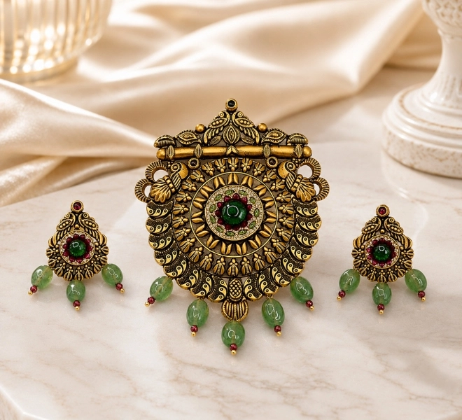 Gold Temple-Inspired Pendant Set with Green Bead Drops
