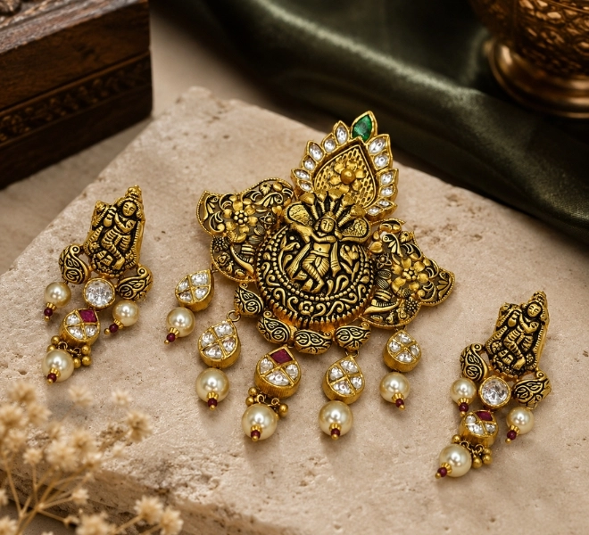 Gold Temple Jewellery Pendant Set with Pearl Drops