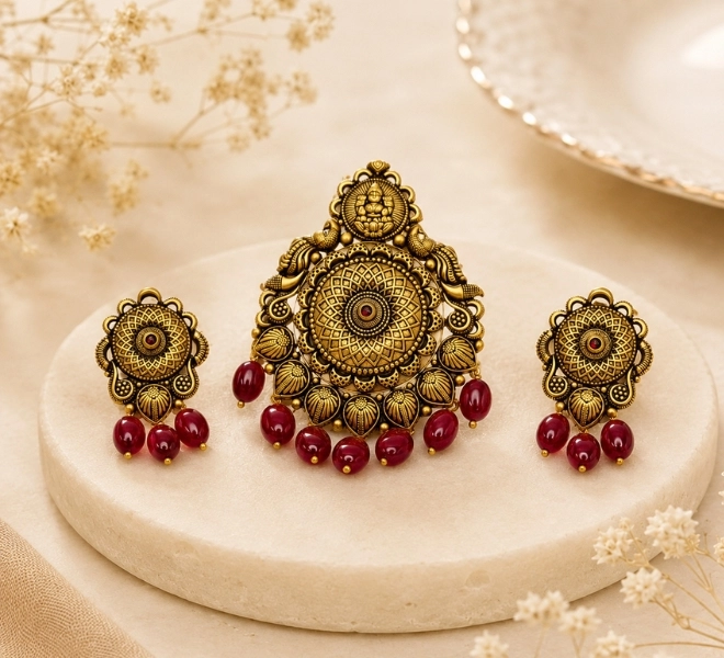 Gold Lakshmi Temple Pendant Set with Ruby Bead Drops