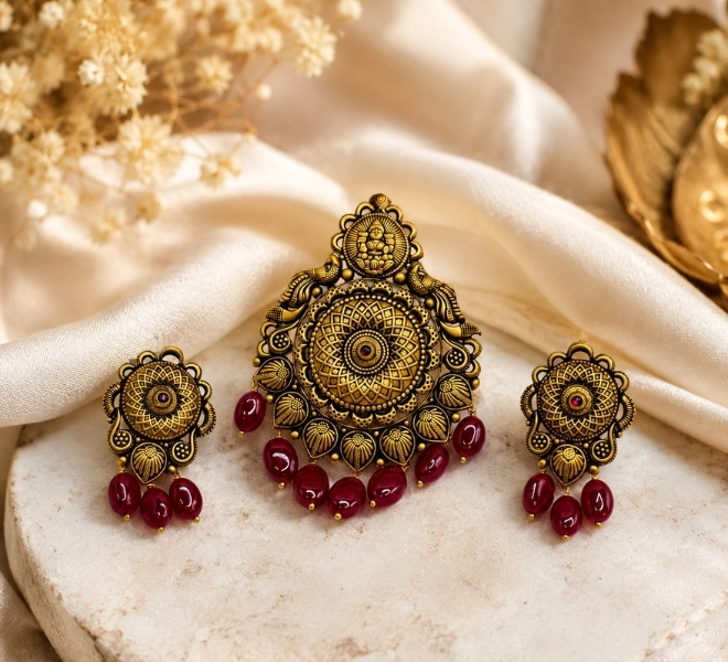 Gold Lakshmi Temple Pendant Set with Ruby Bead Drops