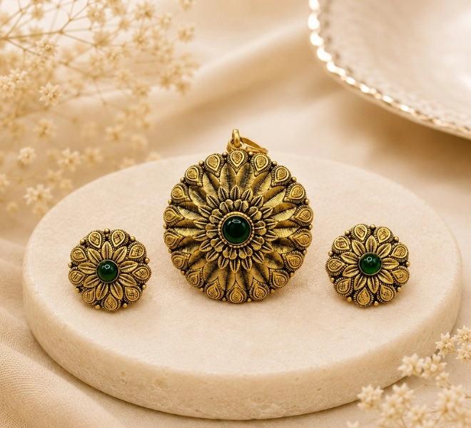 Floral Pendant and Earrings Set with Green Stone