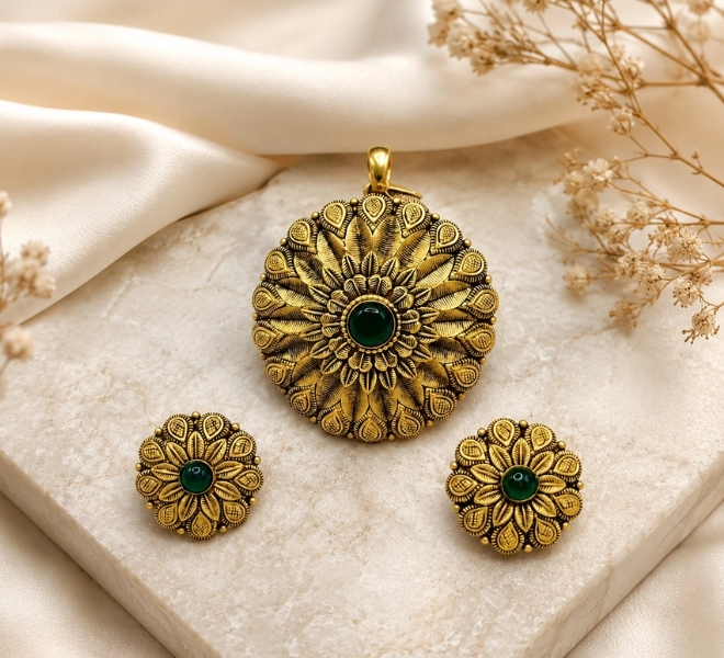 Floral Pendant and Earrings Set with Green Stone