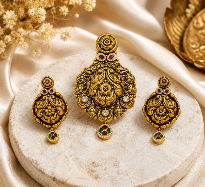 Gold Traditional Pendant Set with Matching Earrings