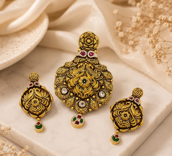 Gold Traditional Pendant Set with Matching Earrings