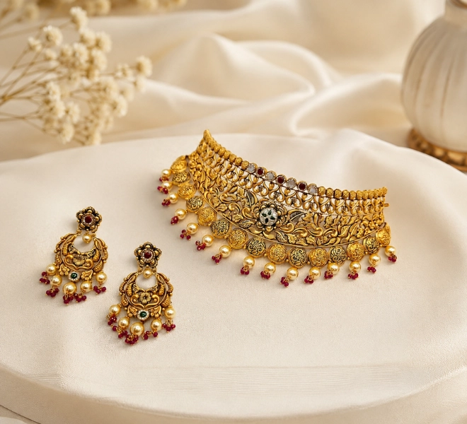 Antique Gold Filigree Choker  Set with Matching Earrings