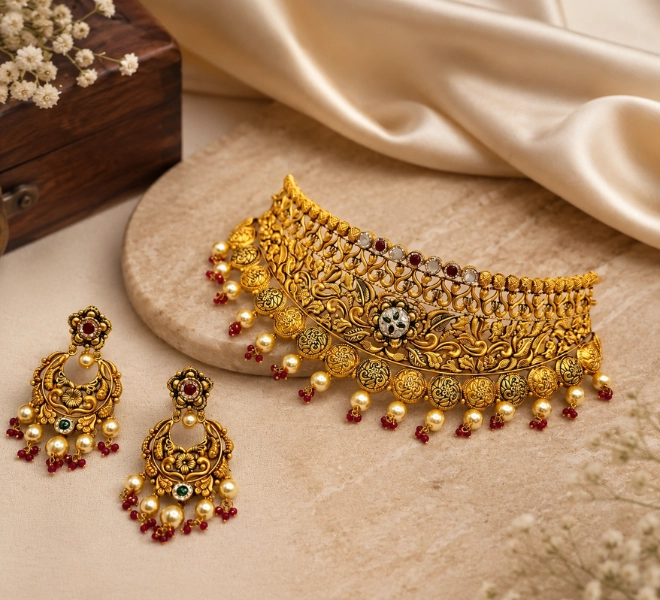 Antique Gold Filigree Choker  Set with Matching Earrings