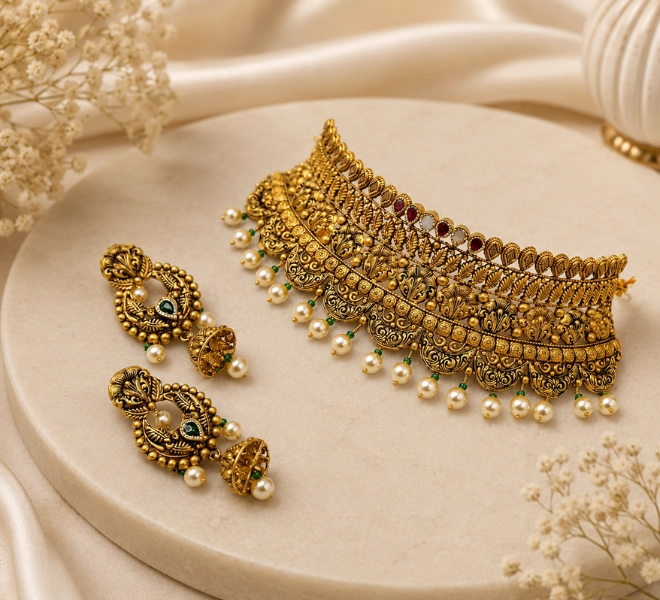 Gold Heritage Choker  Set with Jhumka Earrings