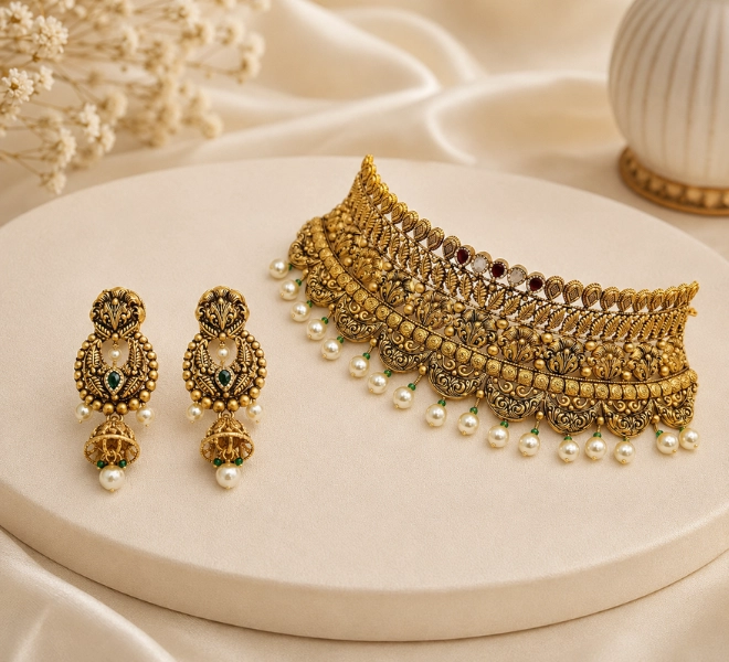 Gold Heritage Choker  Set with Jhumka Earrings