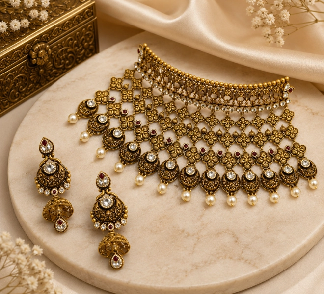 Antique Gold Layered Floral Choker  Set with Earrings