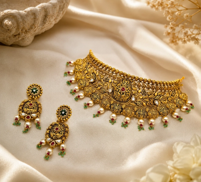 Antique Gold Peacock Choker  Set with Pearl Drops