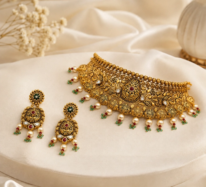 Antique Gold Peacock Choker  Set with Pearl Drops