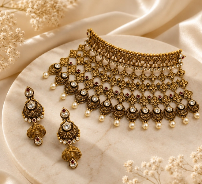 Antique Gold Layered Floral Choker  Set with Earrings