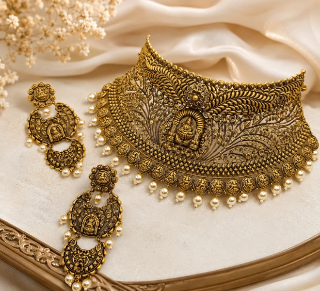 Antique Gold Lakshmi Temple Choker  Set with Pearl Drops
