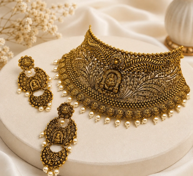 Antique Gold Lakshmi Temple Choker  Set with Pearl Drops