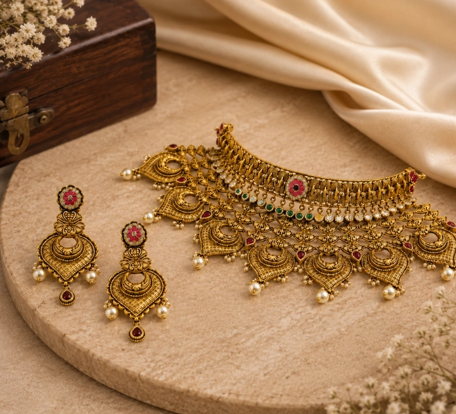 Antique Gold Chandbali Choker Set with Pearl Drops