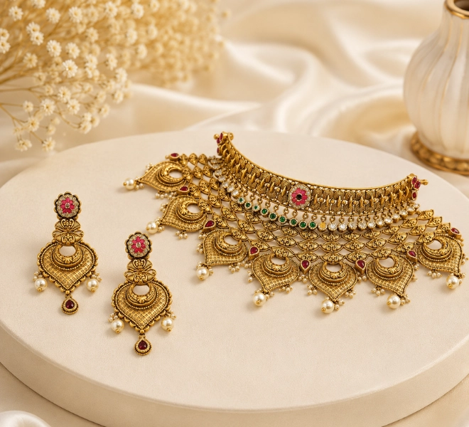 Antique Gold Chandbali Choker Set with Pearl Drops